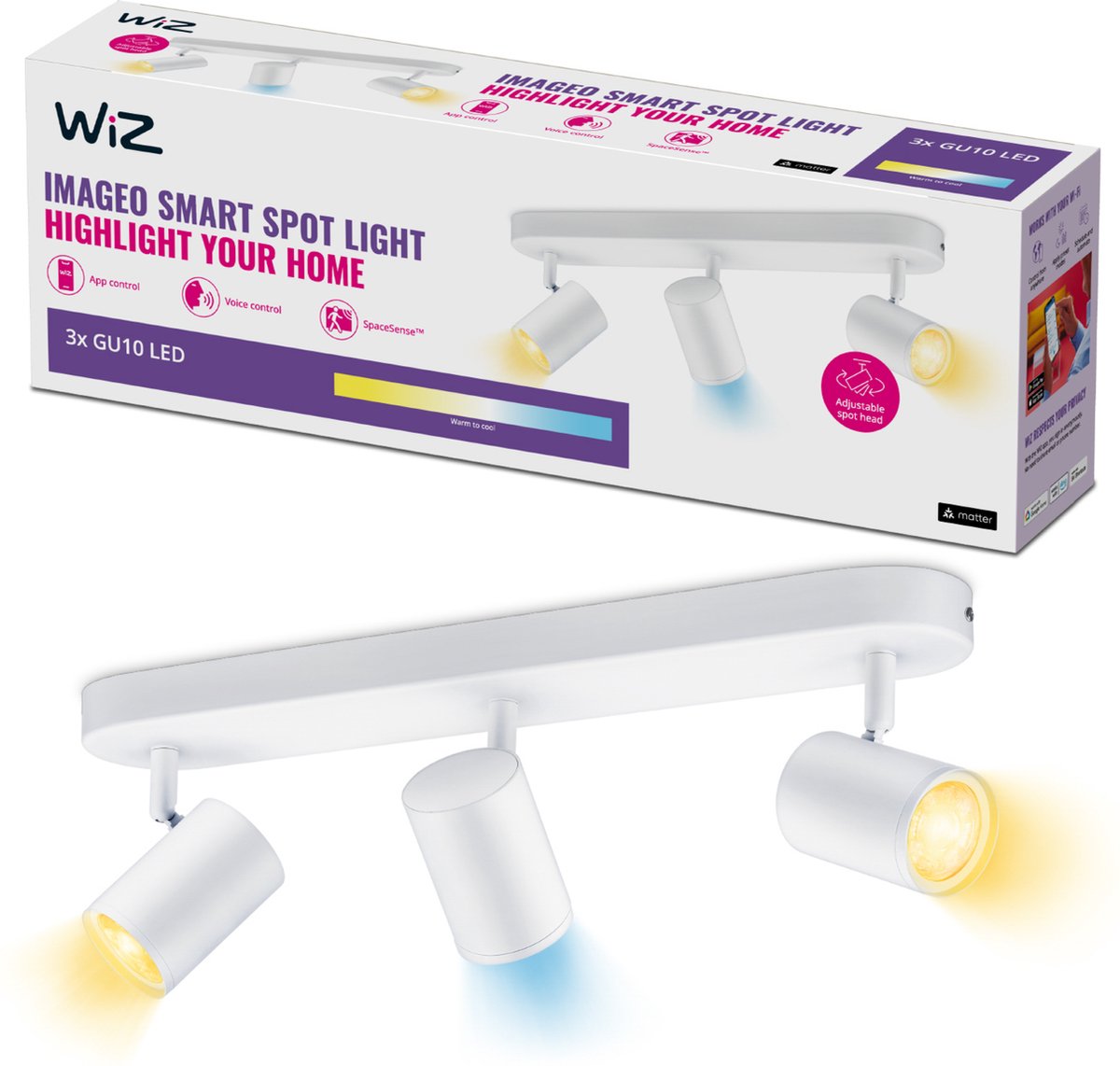 WiZ Plafondlamp Imageo - Opbouwspot - 3 spots - Warm- tot Koelwit Licht - Slimme LED Verlichting - GU10 fitting - 3x 5W - Wit - Wi-Fi