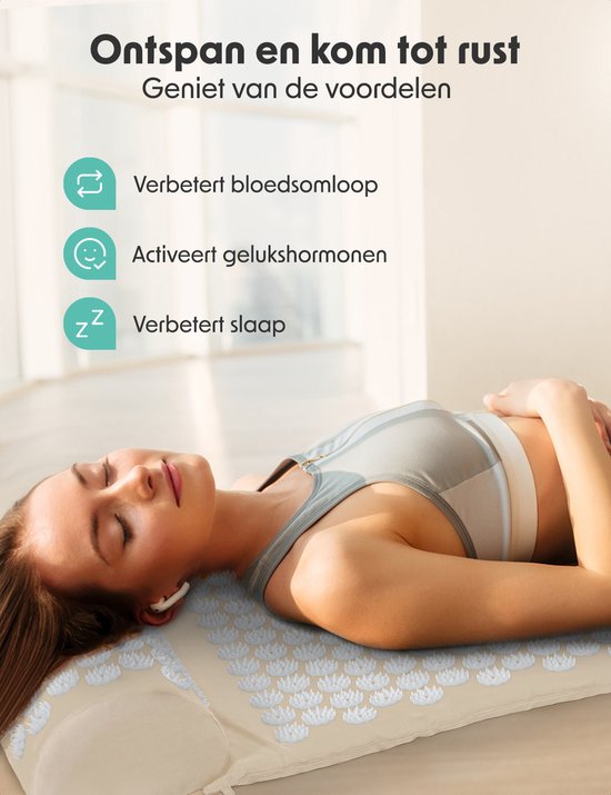 LifeGoods Spijkermat met Kussen - Shakti Mat - Acupressuur Mat - Spijkerbed - Massage Mat - Voor Pijnverlichting, Spierherstel, Stressverlichting en Meer - Incl. 2x Triggerpoint Bal - 60x40x2cm - Beige