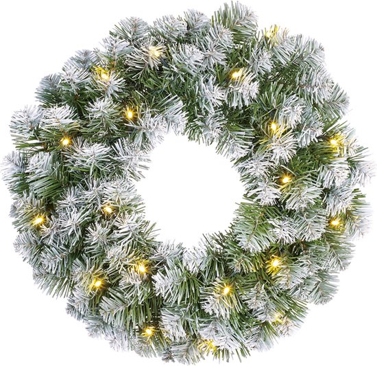 Black Box Kerstkrans/deurkrans - D45 cm - besneeuwd - met verlichting - 20 leds - 90 tips