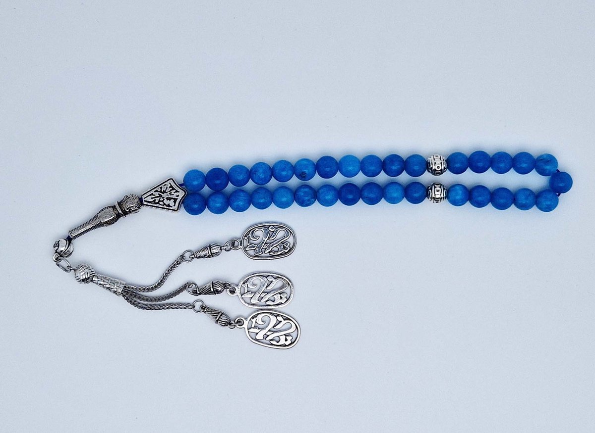 Handgemaakte tesbih "tasbih" natuursteen " Blauwe Agaat" - Aantal kralen 33 - Diameter kralen 8 MM - met metaal tassel "model 8" - Een mooi cadeau-idee