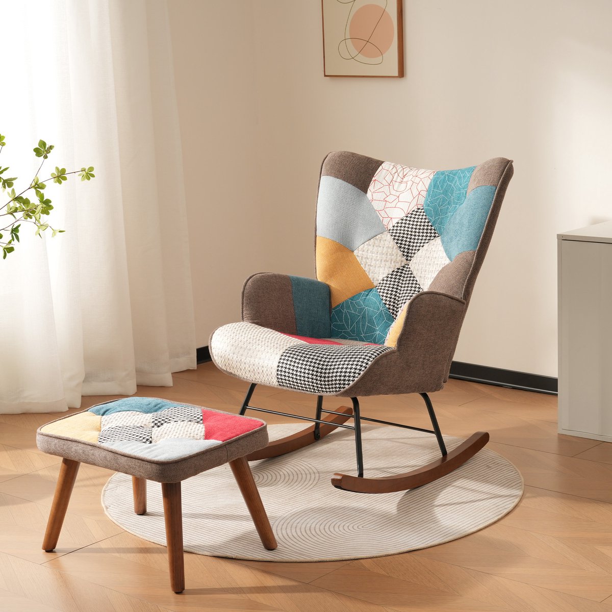 Gutent Fauteuil, Kleurrijk, voor- en Achterwaartse Schommelstoel met patchwork, Loungestoel met voetensteun, woonkamerstoel, schommelstoel