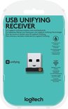 Verpakking van de Logitech USB Unifying Receiver, met productafbeelding, oranje ster-logo en tekst 'unifying'.