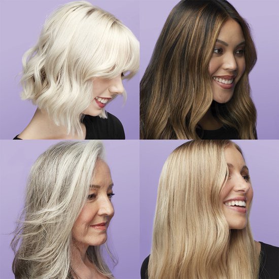 Collage van vier modellen met verschillende haarkleuren en -stijlen, variërend van blond tot grijs.