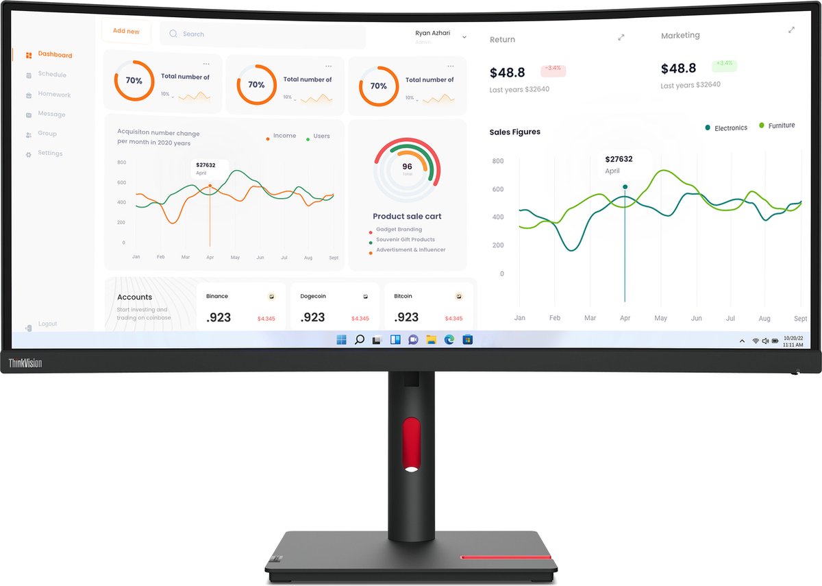 Lenovo ThinkVision T34w-30 - LED-monitor - gebogen - 34" - 3440 x 1440 UWQHD - VA - 350 cdm² - 3000:1 - 4 ms - HDMI, DisplayPort, USB-C - ravenzwart