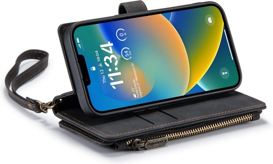 Zwart portemonnee hoesje met rits en polsbandje voor iPhone, open met telefoon inhouder.