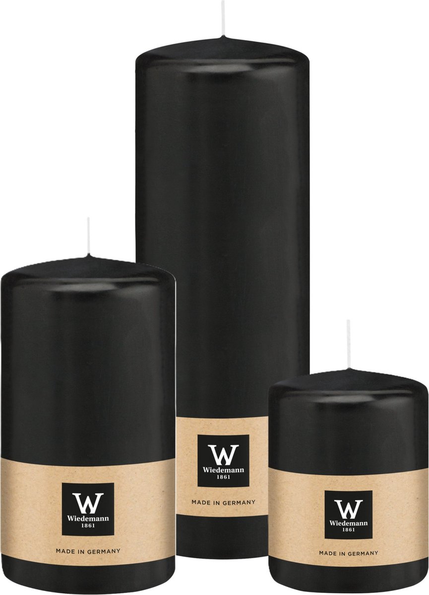 Wiedemann Cilinderkaarsen/stompkaarsen - set van 3 - zwart - 6x8/7x13/7x20 cm