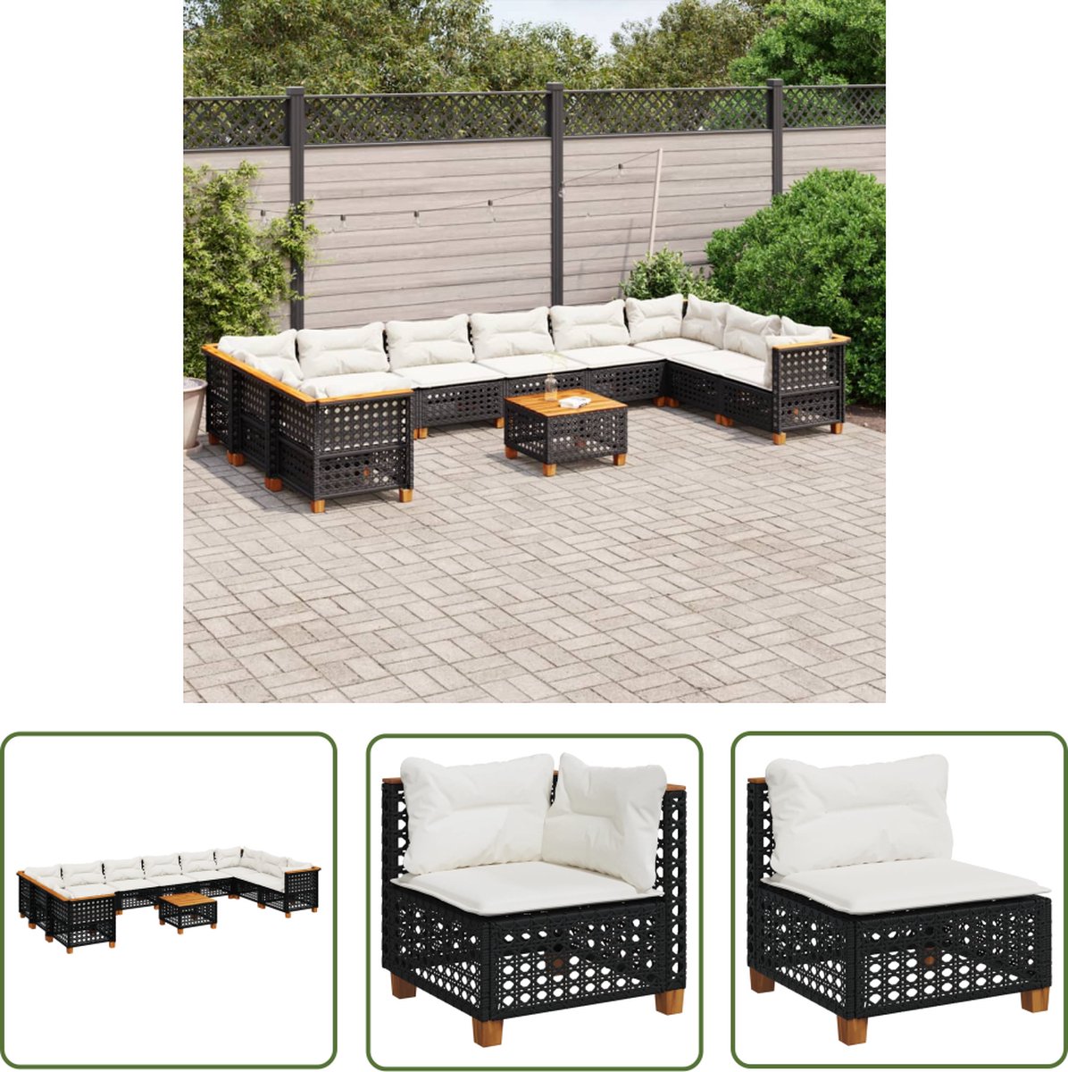 Zwarte poly rattan loungeset met kussens voor buiten - Tuinmeubels - Buitendecoratie