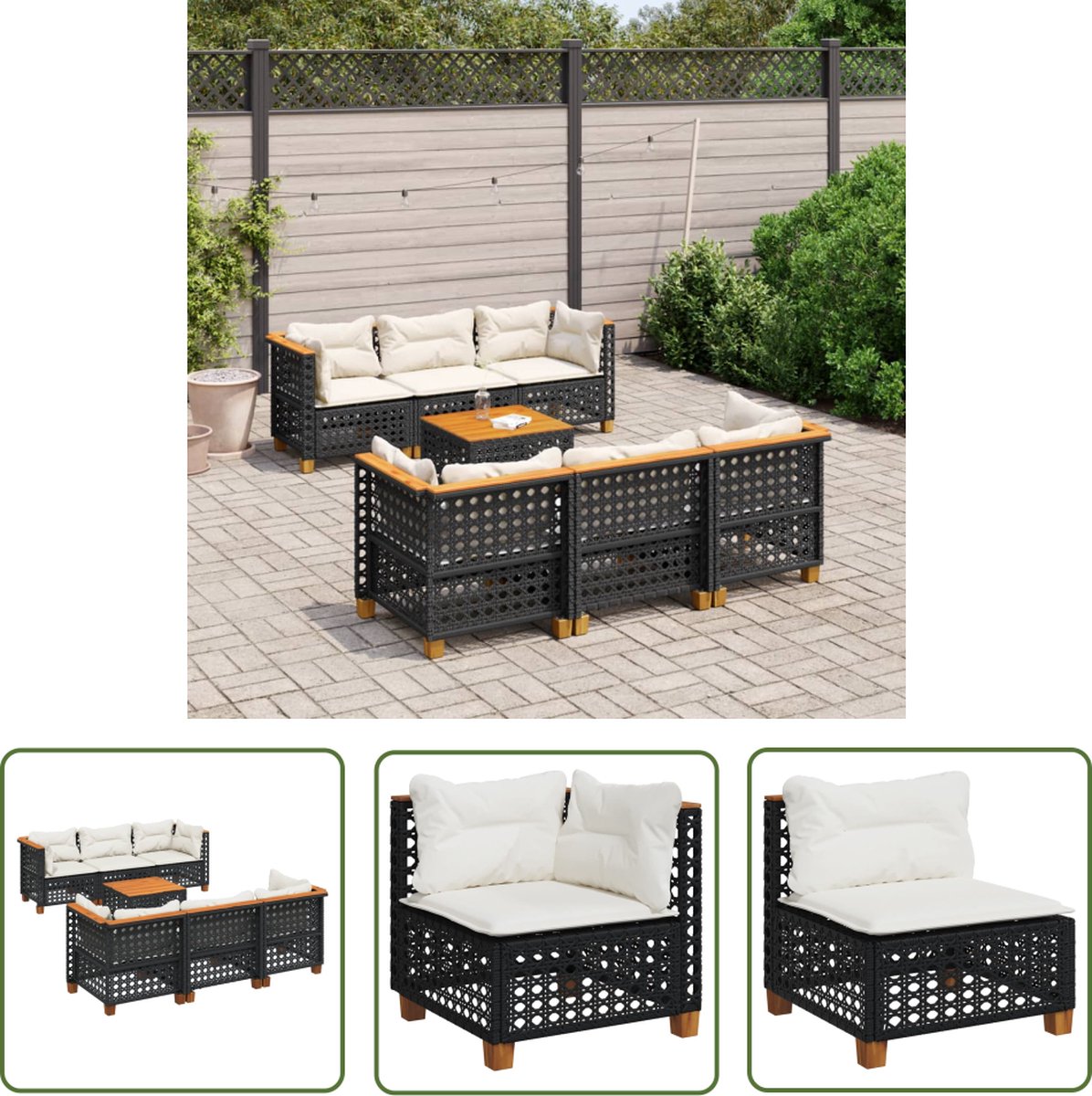 Zwarte poly rattan loungeset met kussens voor tuinmeubels en ontspanning.