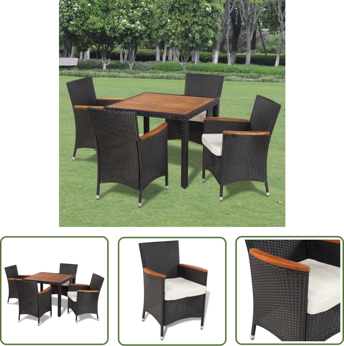 The Living Store 5-delige Tuinset met kussens poly rattan zwart - Rattan Meubels - Eetkamerstoel - Buitentafel - Acacia Hout - Zwarte Tuinbank