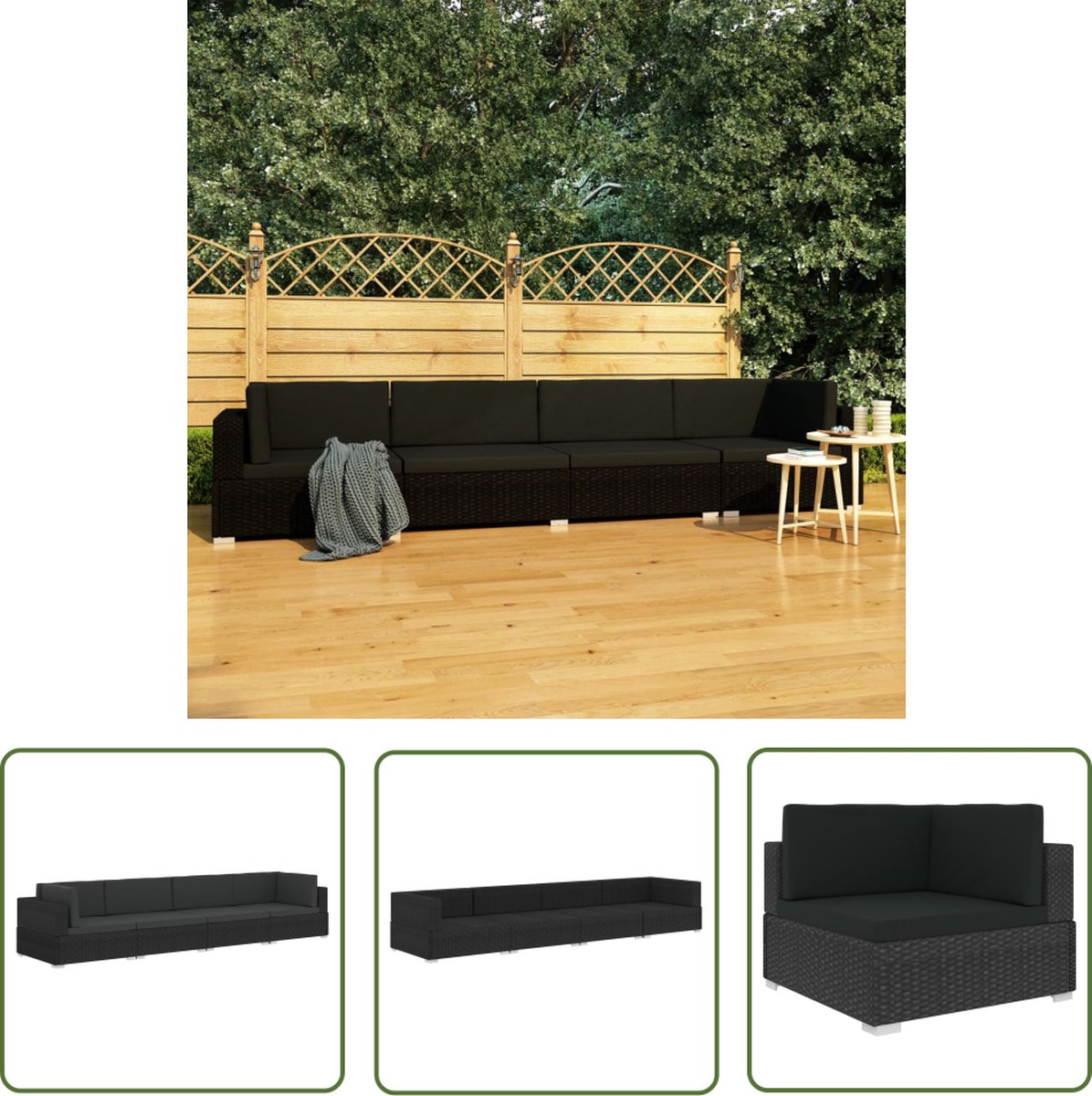 Zwarte poly rattan loungeset met kussens voor buitenruimte - Hoekenbank.