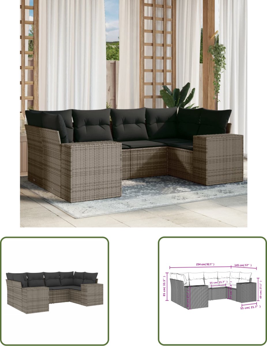 The Living Store 6-delige Loungeset met kussens poly rattan grijs - Tuin Lounge Set - Loungebank - Tuinset - Buitendiner - Buitenkamer