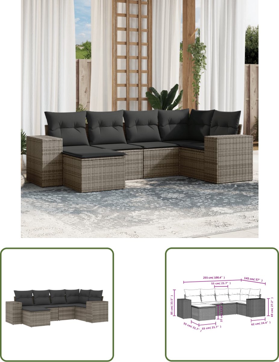 Grijze poly rattan loungeset met kussens voor tuinmeubels - The Living Store.