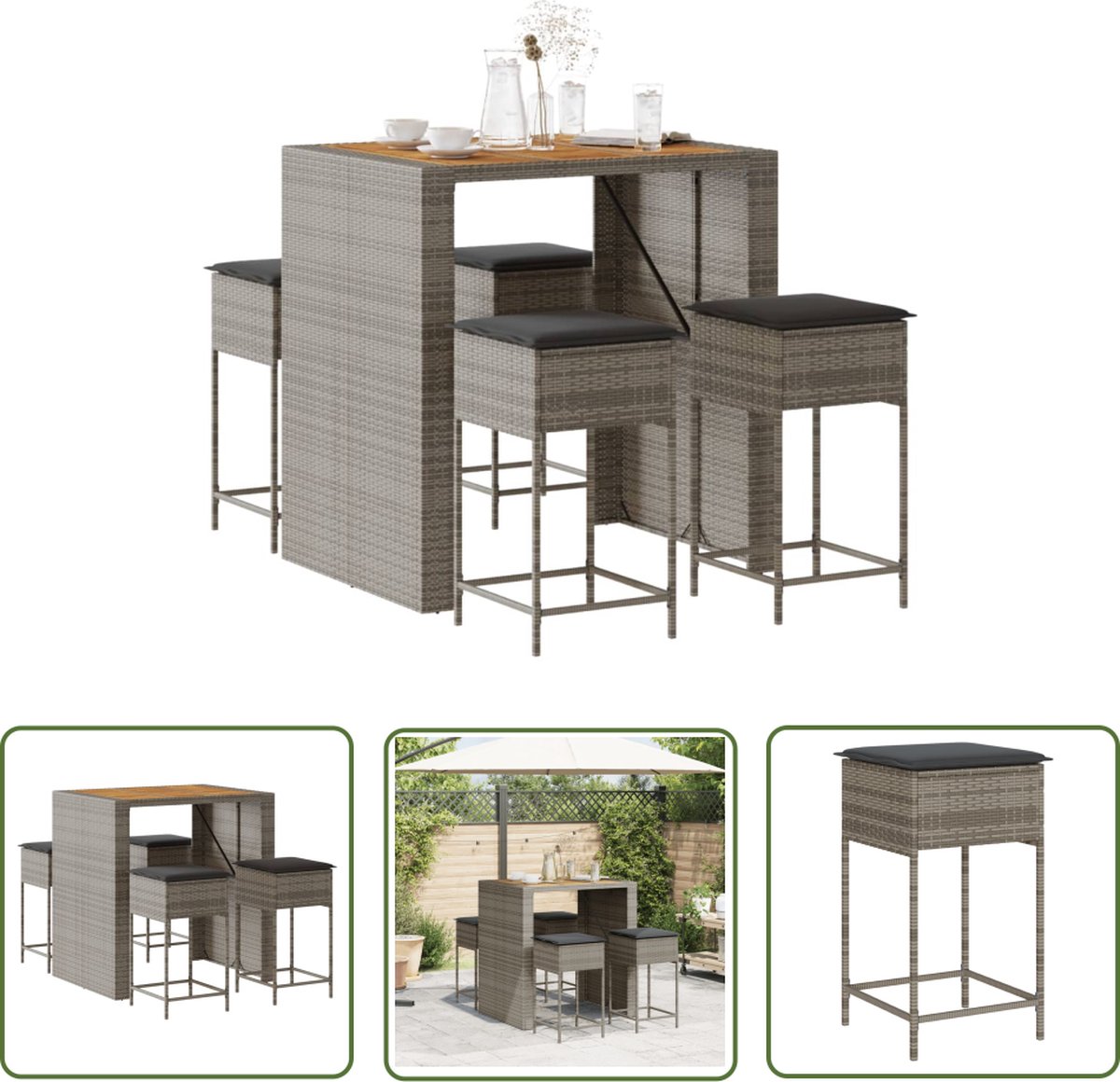 Grijze poly rattan tuinbarset met kussens en lounge set.