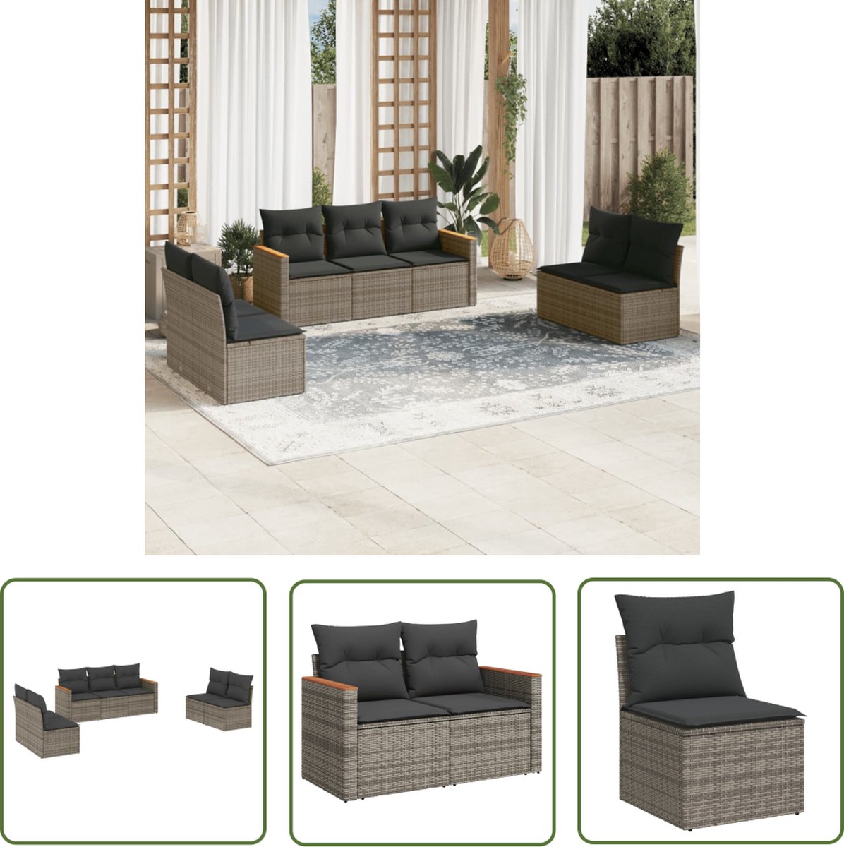 The Living Store 7-delige Loungeset met kussens poly rattan grijs - Loungebank - Lounge Set - Tuinset - Buitendecoratie - Tuinbank