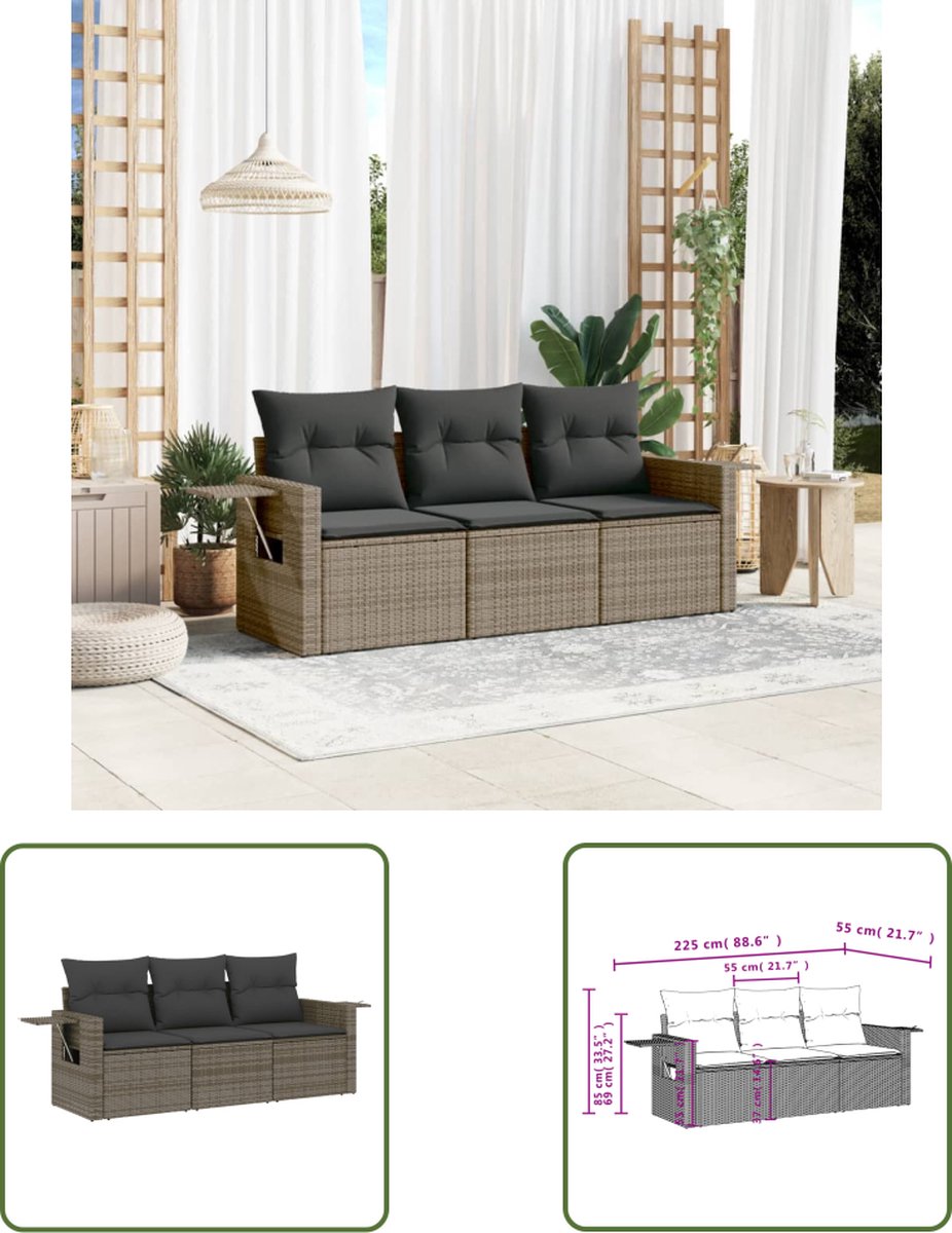 The Living Store 3-delige Loungeset met kussens poly rattan grijs - Loungeset - Tuinset - Lounge - Buitendecoratie - Tuinbank