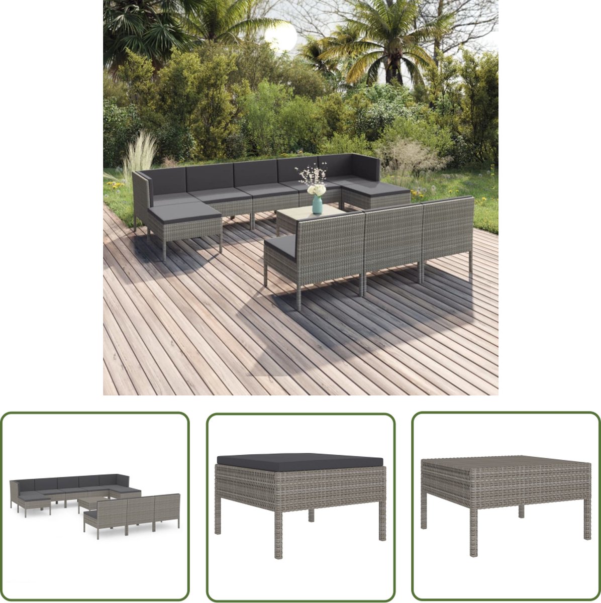 Grijze poly rattan loungeset met kussens voor tuinmeubilair - The Living Store.