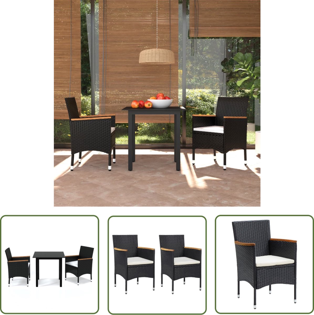 The Living Store 3-delige Tuinset met kussens poly rattan zwart - Tuinstoel - Acacia Hout - Pe Rattan - Zwarte Tuinbank - Buitentafels