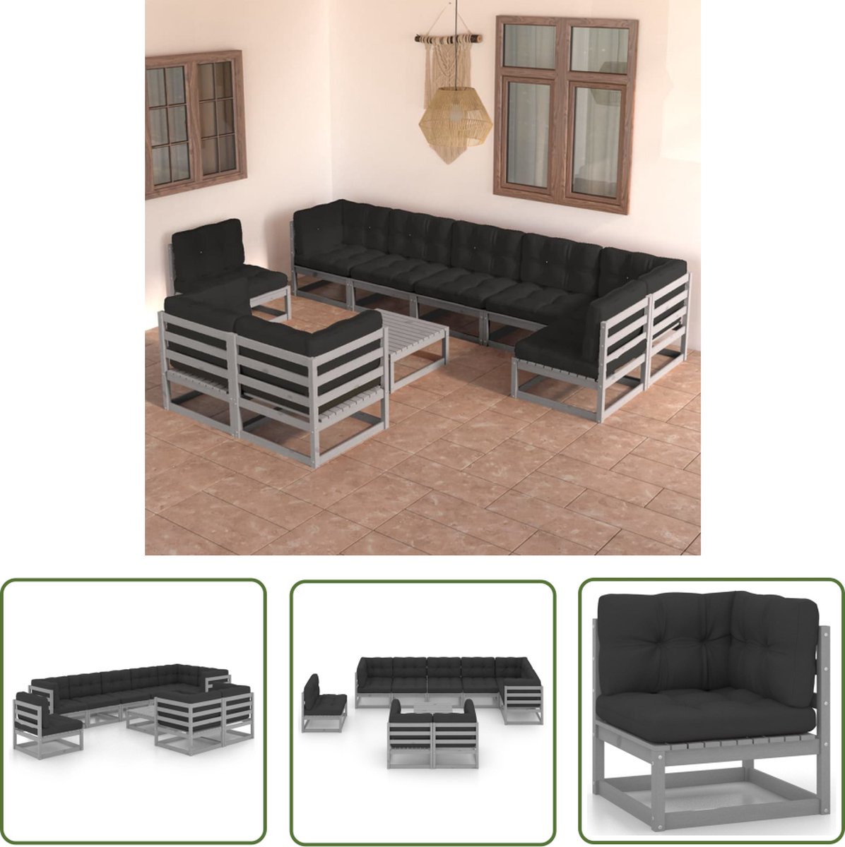 The Living Store 10-delige Loungeset met kussens massief grenenhout - Loungeset - Tuinset - Houten Lounge - Buitendiner - Terrasdecoratie
