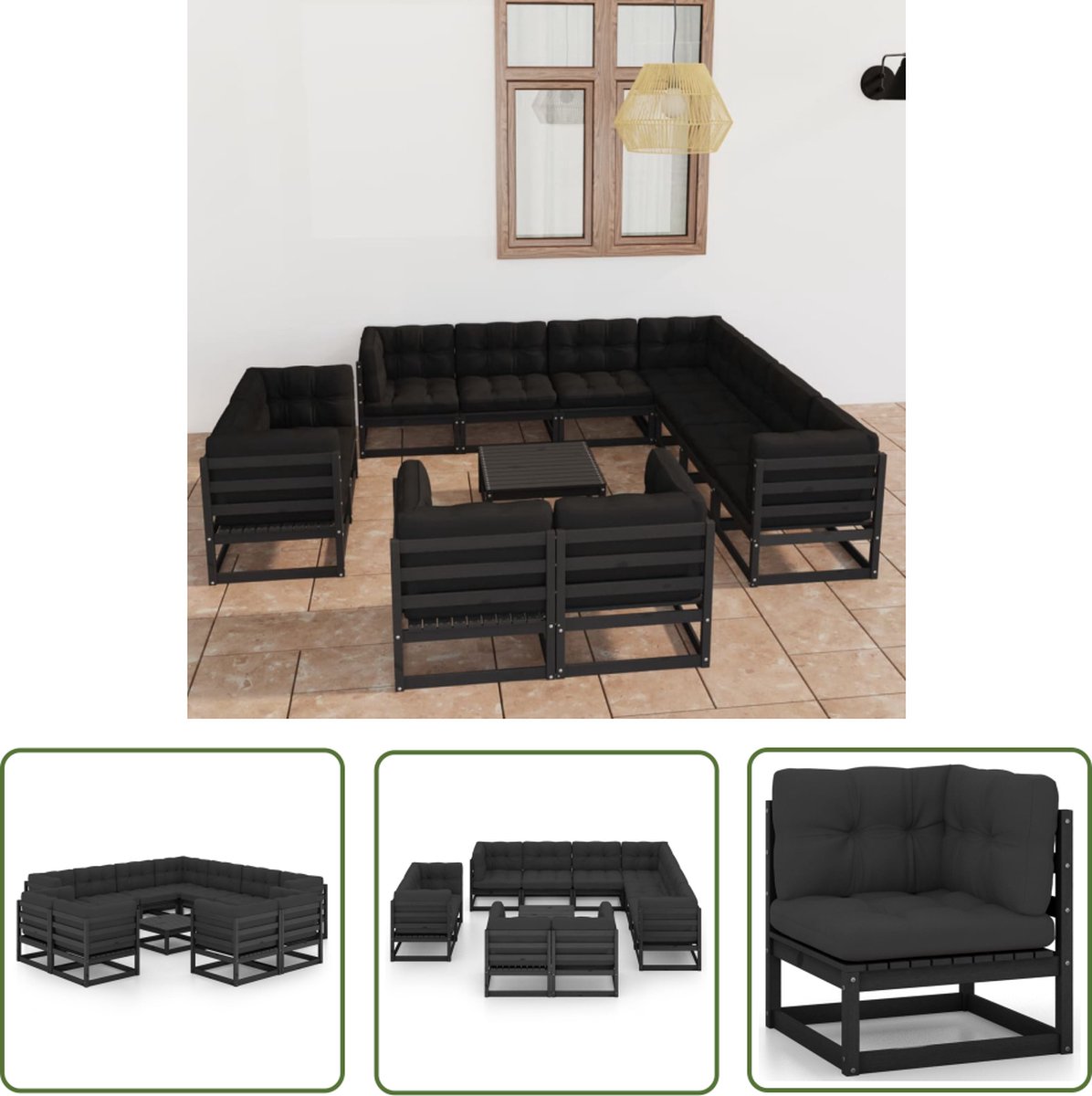 Zwart massief grenenhouten loungeset met kussens voor tuin of terras.