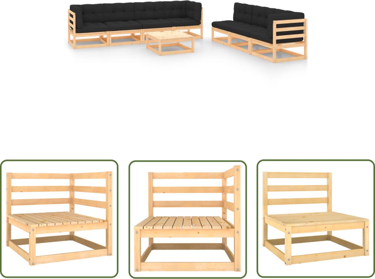 The Living Store 8-delige Loungeset met kussens massief grenenhout - Loungeset - Tuinset - Buis Meubel - Houten Lounge - Balkon Set