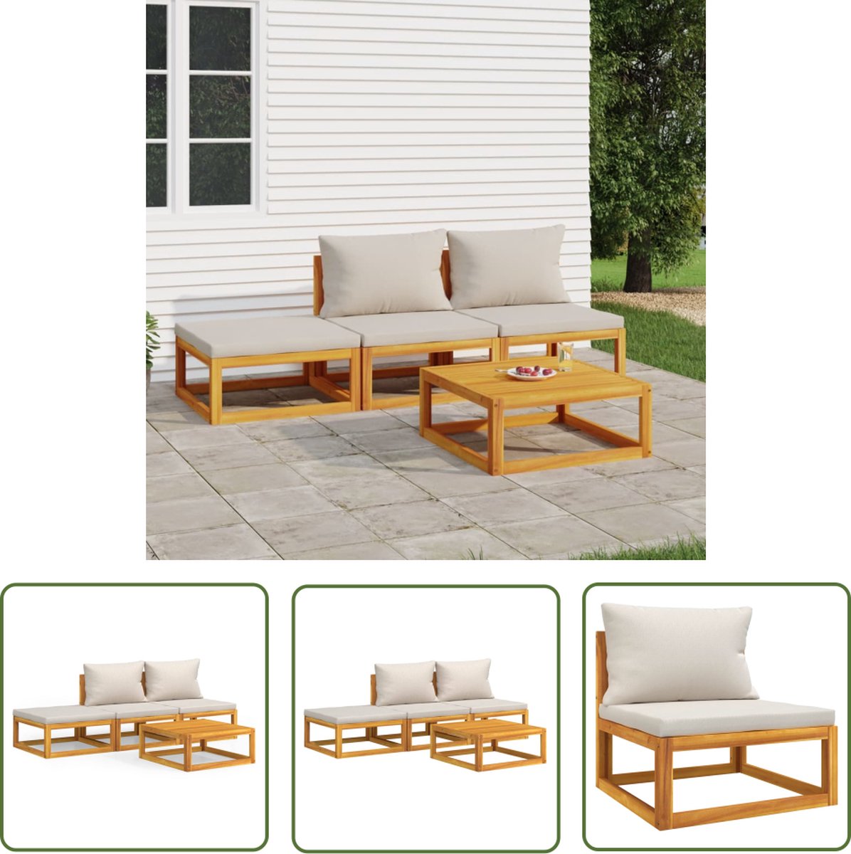 The Living Store 4-delige Loungeset met lichtgrijze kussens massief hout - Tuinstoel - Lounge Set - Buitendecoratie - Acacia Hout - Loungebank