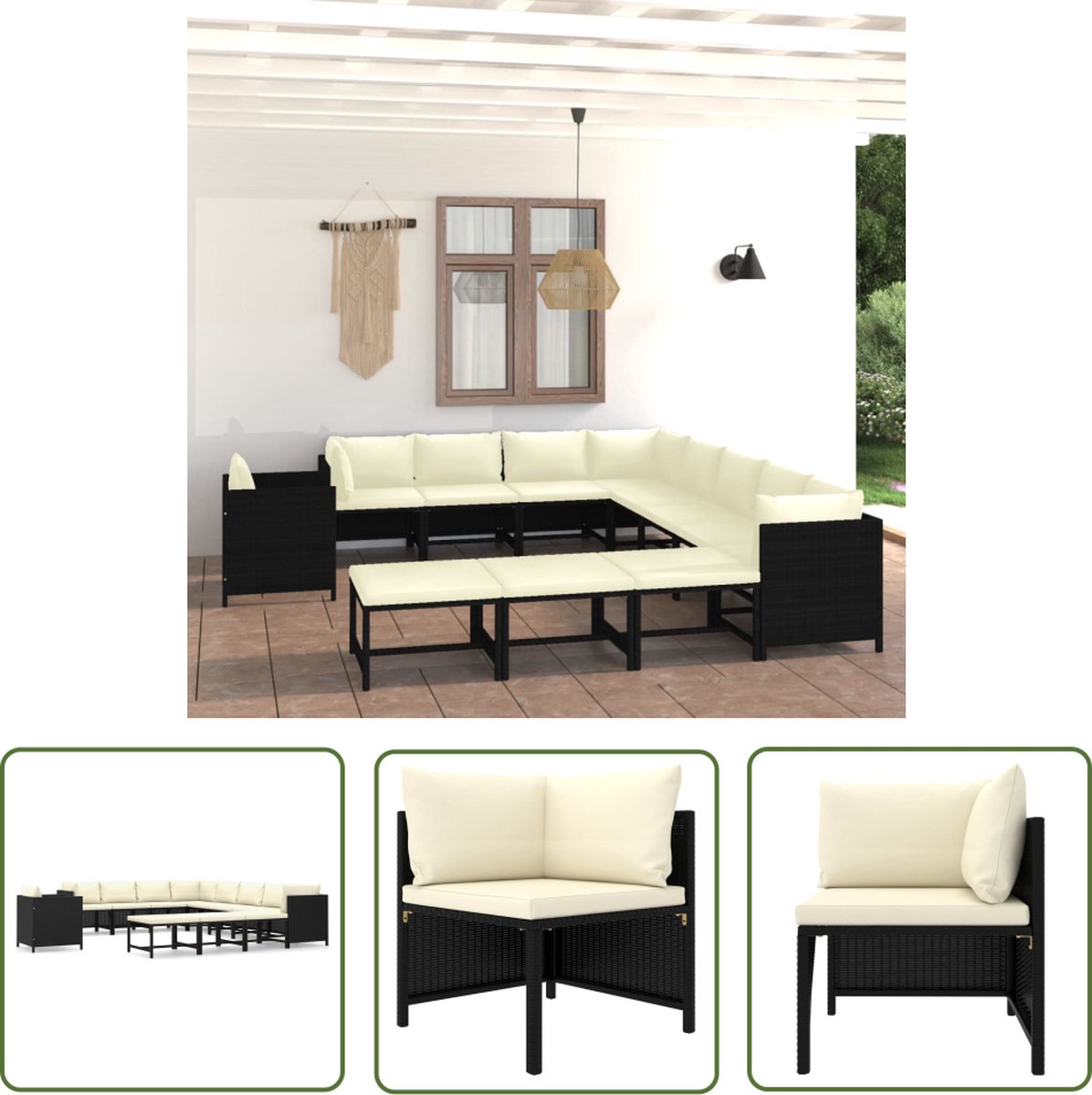 The Living Store 12-delige Loungeset met kussens poly rattan zwart - Loungehoek - Tuinset - Loungemodule - Buitenmeubilair - Ratan Meubels