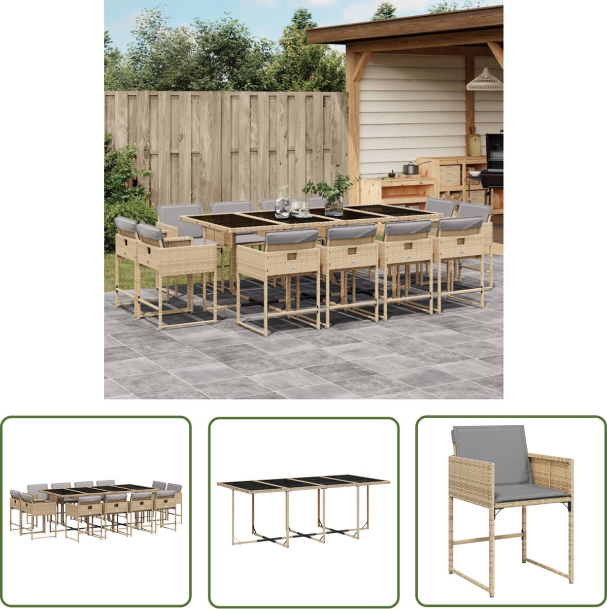 The Living Store 13-delige Tuinset met kussens poly rattan gemengd beige - Tuinmeubels - Eetkamerset - Buitentijd - Lounge Set - Veranda