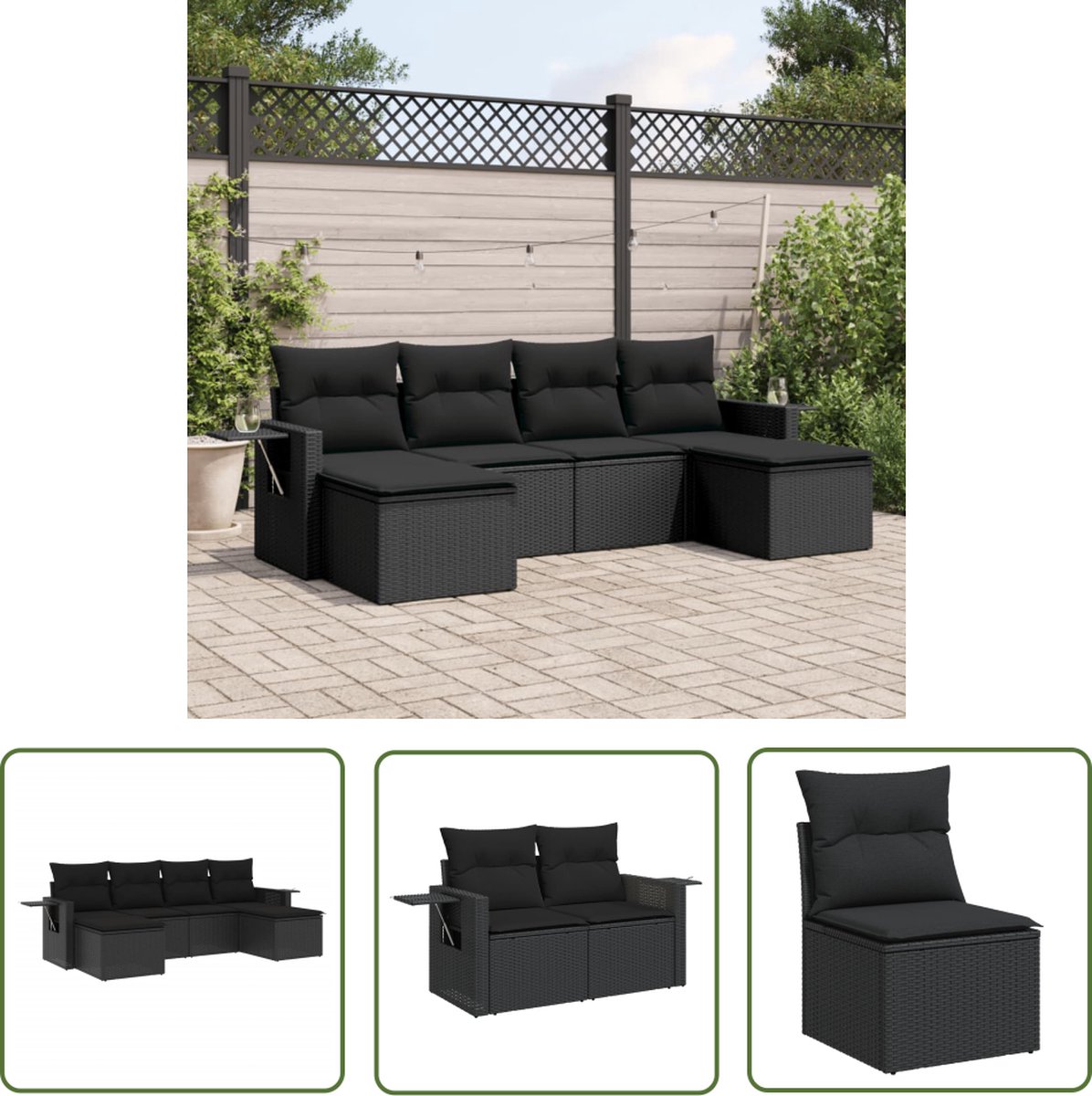 The Living Store 6-delige Loungeset met kussens poly rattan zwart - Loungeset - Tuinset - Tuinmeubelen - Lounge Set - Outdoor Furniture
