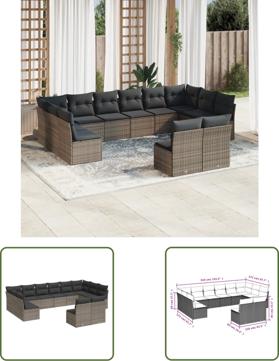 The Living Store 12-delige Loungeset met kussens poly rattan grijs - Loungebank - Tuinset - Lounge Set - Buitendecoratie - Garden Furniture