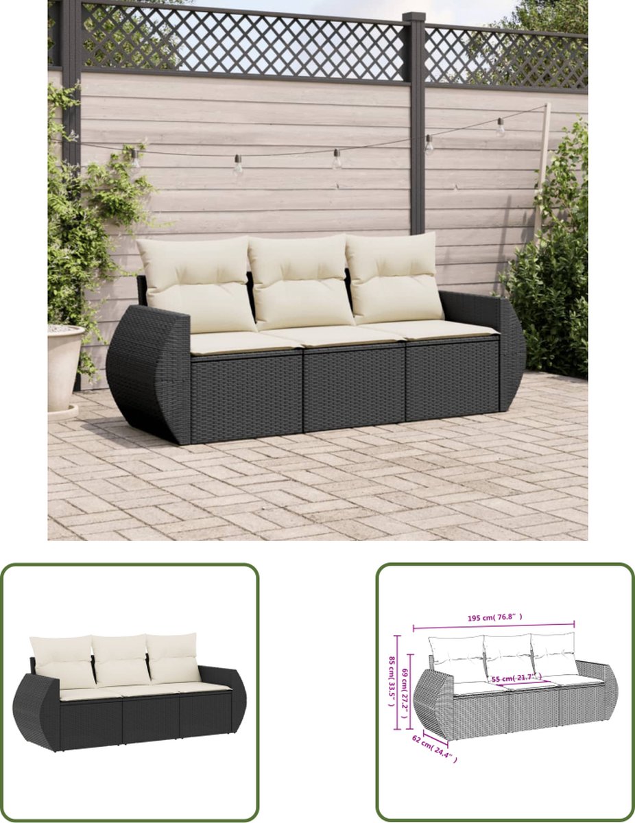 The Living Store 3-delige Loungeset met kussens poly rattan zwart - Loungeset - Tuinset - Lounge Set - Tuinmeubels - Buitendecoratie