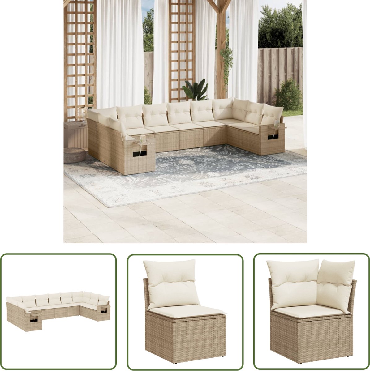 The Living Store beige loungeset met kussens - poly rattan.