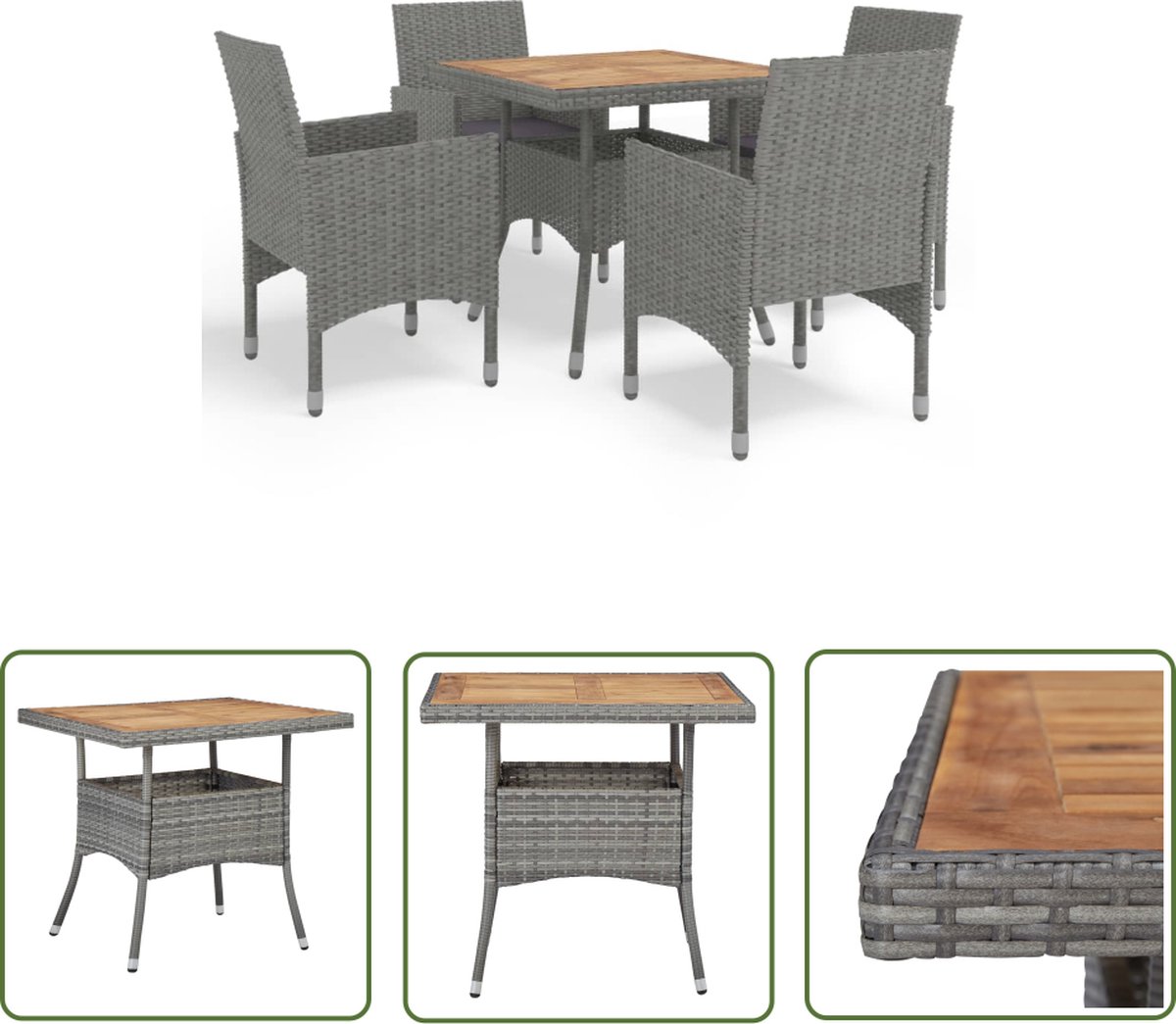 The Living Store 5-delige Tuinset poly rattan en acaciahout grijs - Eetkamerset - Buiteneetkamer - Acacia Houten Tafel - Ratan Meubilair - Lounge Set