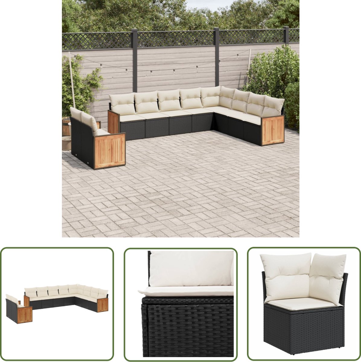 The Living Store 10-delige Loungeset met kussens poly rattan zwart - Loungebank - Tuinset - Lounge Set - Buitendecoratie - Outdoor Furniture