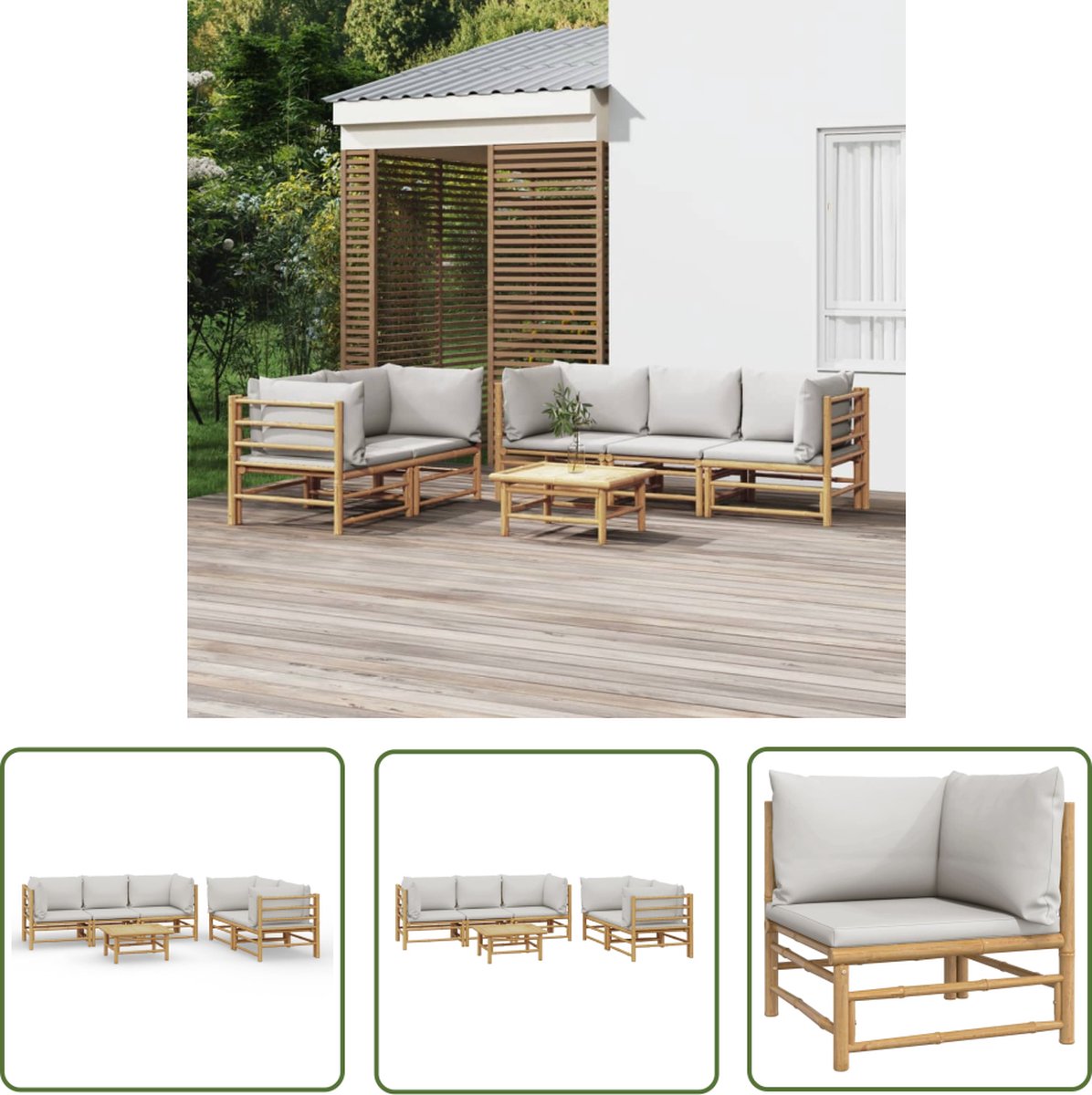 The Living Store 6-delige Loungeset met kussens bamboe lichtgrijs - Bamboelounge - Lounge Set - Buitendecoratie - Tuinset - Loungestoel
