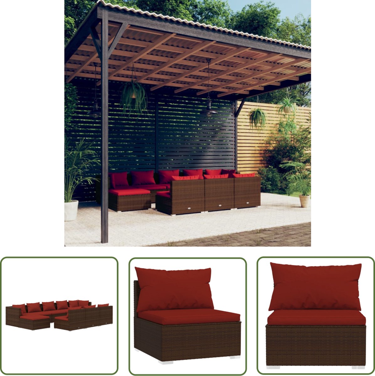 The Living Store 10-delige Loungeset met kussens poly rattan bruin - Loungeset - Tuinmeubels - Lounge Set - Outdoor Furniture - Terrasmeubelen