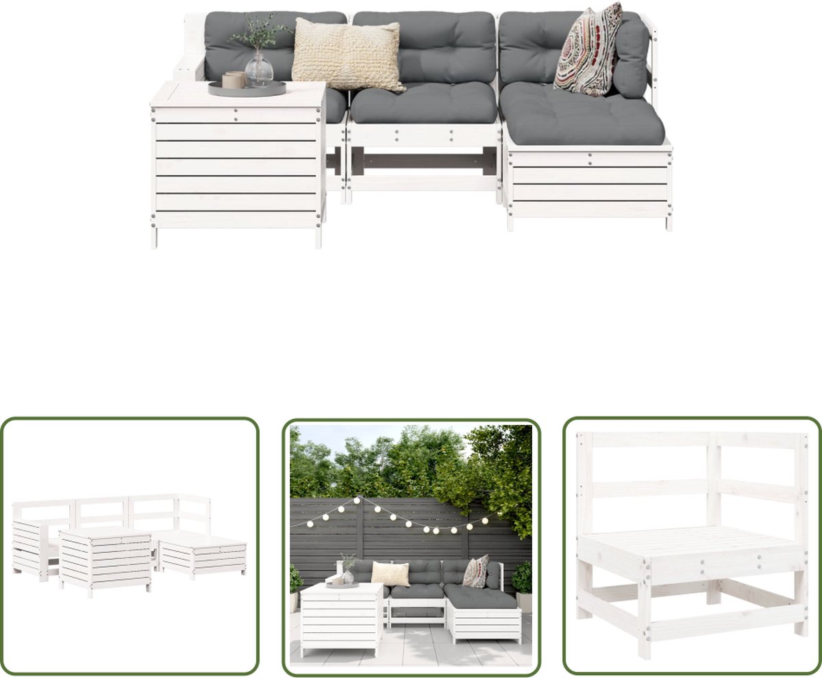 The Living Store 5-delige Loungeset massief grenenhout wit - Hoekbank - Lounge Set - Buitenmeubels - Tuinset - Tuinbank