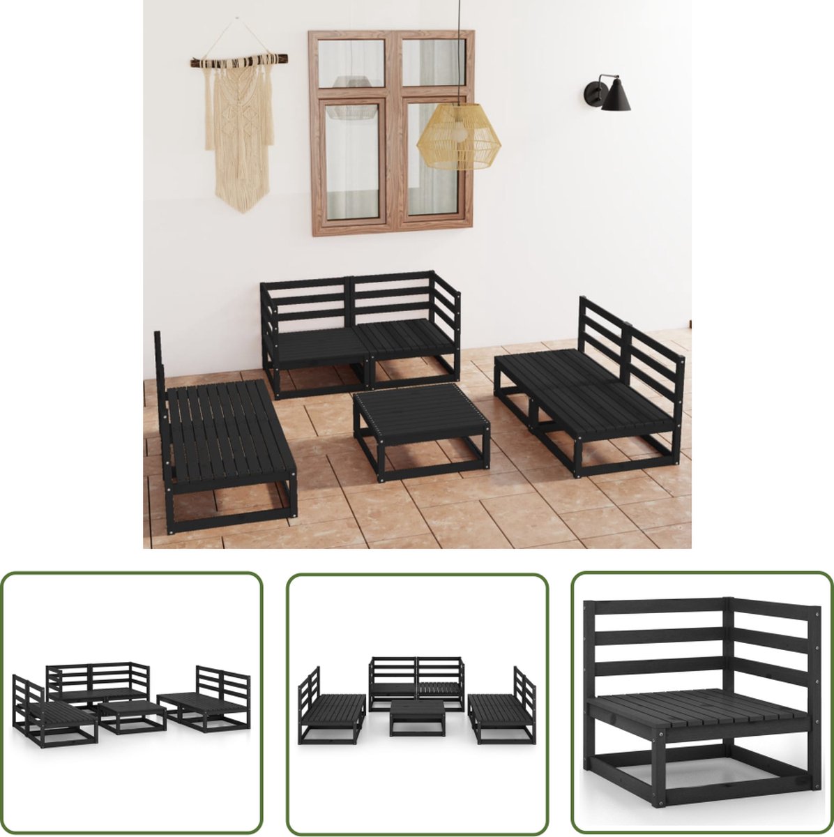 The Living Store 7-delige Loungeset massief grenenhout zwart - Lounge Set - Tuinset - Houten Lounge Set - Tuinmeubel - Buis Meubel