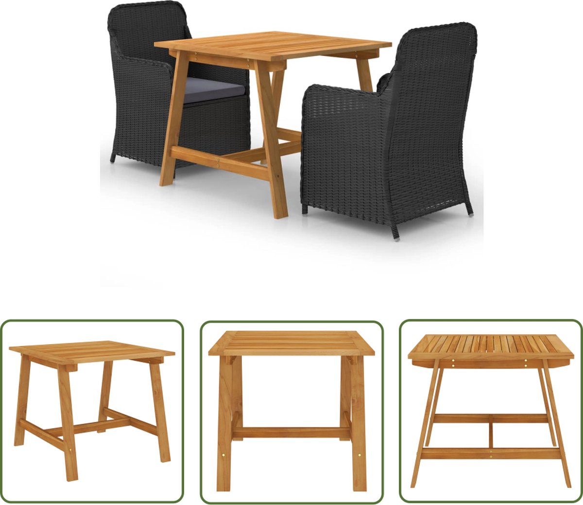 The Living Store 3-delige Tuinset zwart - Tuinstoel - Eettafel - Acacia Hout - Outdoor Meubels - Buitentijd