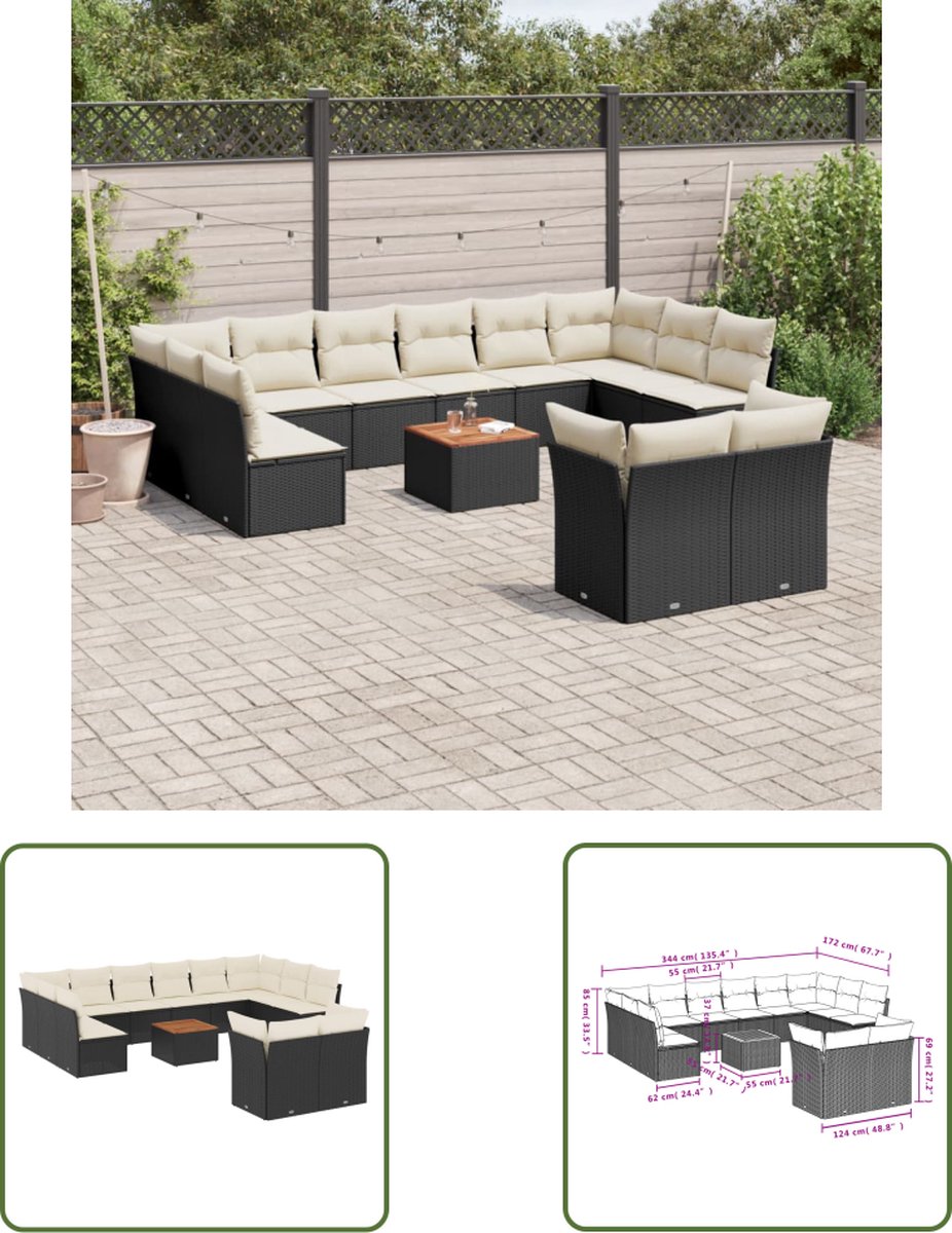 The Living Store 13-delige Loungeset met kussens poly rattan zwart - Loungeset - Lounge Set - Tuinlounge - Buitendining - Outdoor Furniture