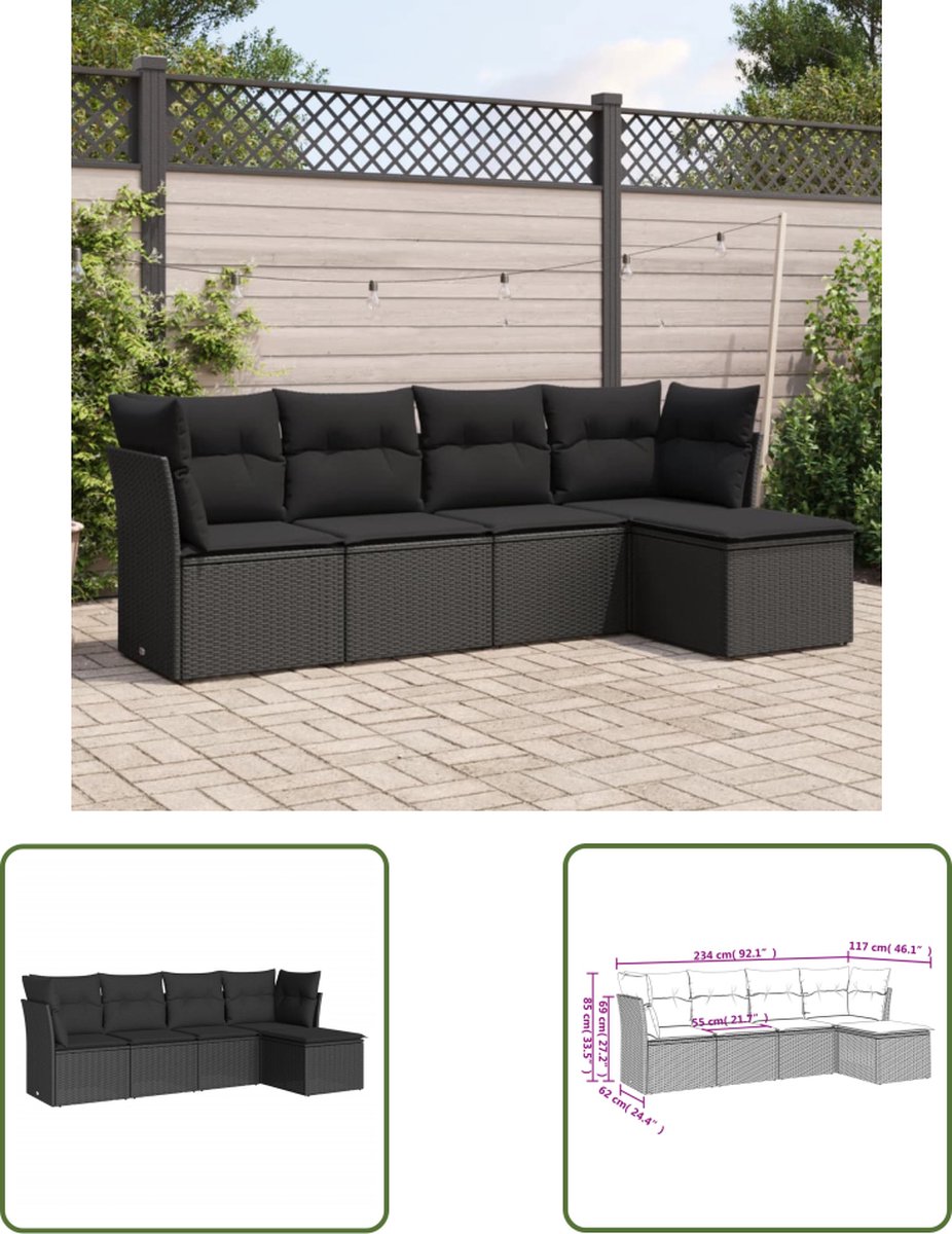 Zwarte poly rattan loungeset met kussens voor buiten - Tuinmeubelen met moderne uitstraling.