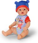 Zittende BABY born Jonas pop met blauwe muts met oren en rompertje met sterrenprint.