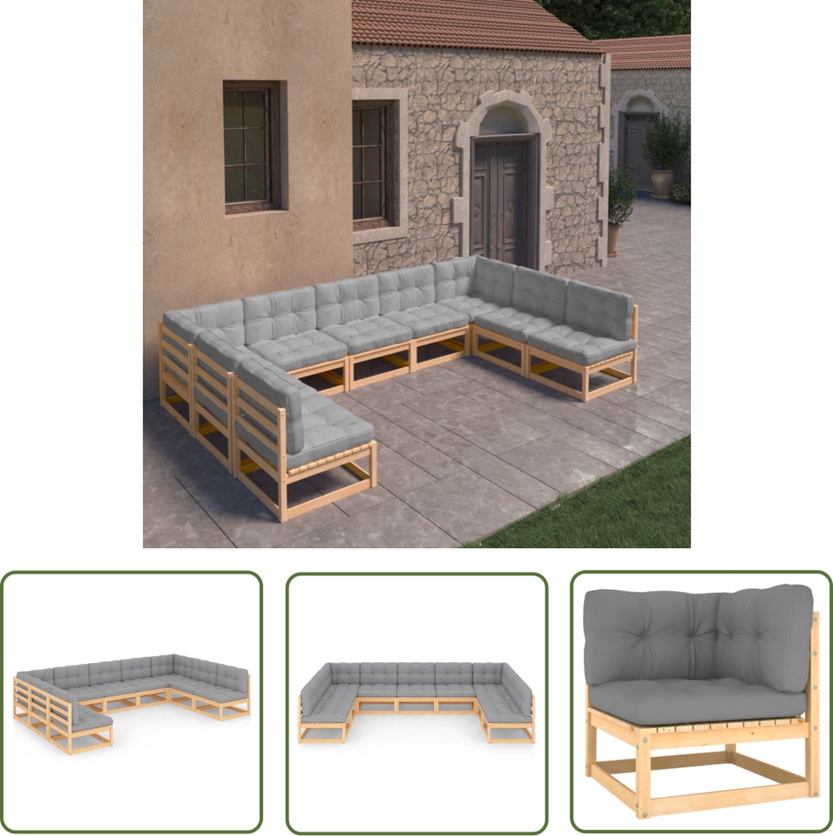 The Living Store 9-delige Loungeset met kussens massief grenenhout - Loungeset - Tuinset - Houten Lounge - Tuinlounge - Buitendecoratie