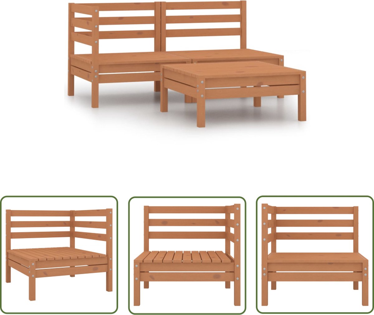 The Living Store 3-delige Loungeset massief grenenhout honingbruin - Tuinstoel - Lounge Stoel - Buitentijd - Hout - Balkon