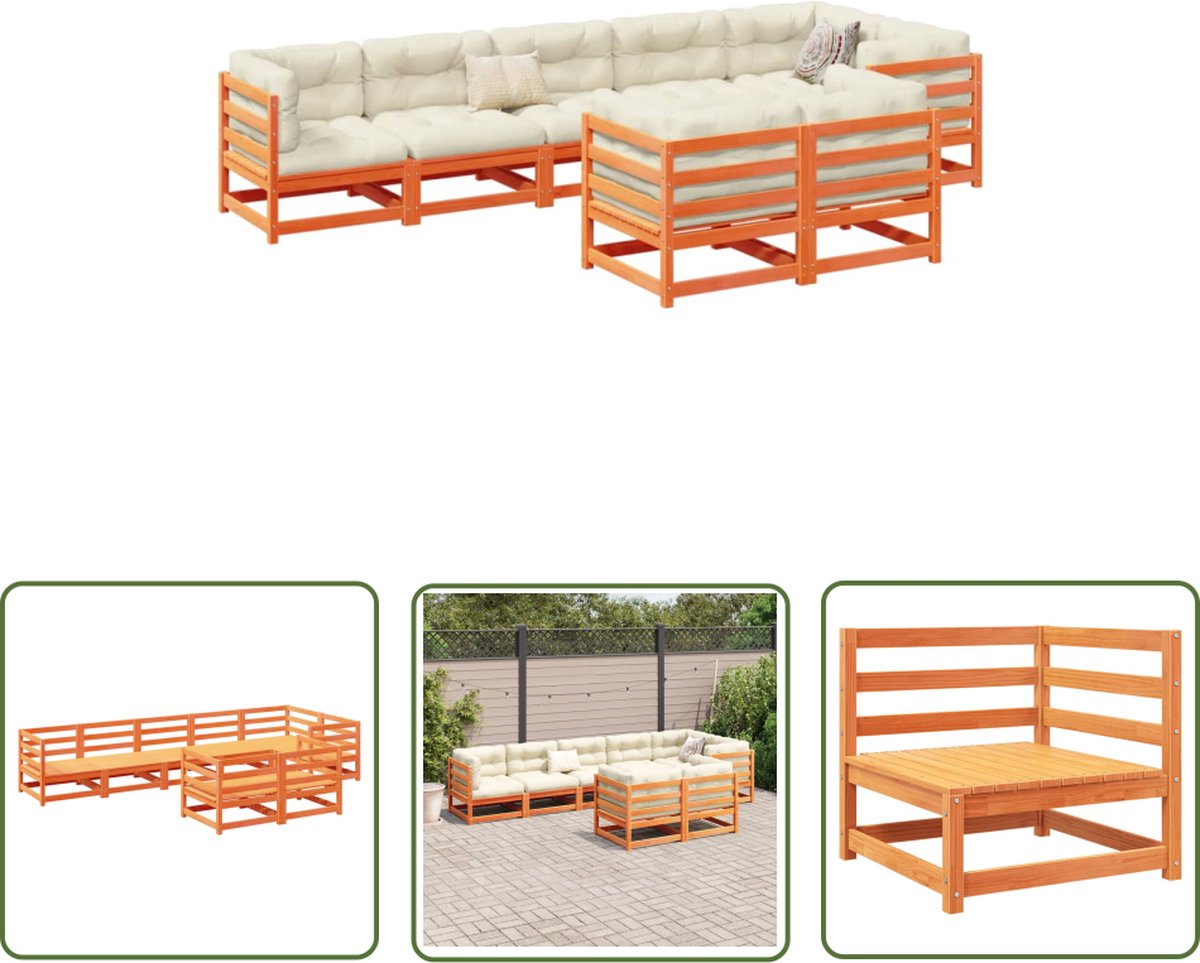 The Living Store 8-delige Loungeset massief grenenhout wasbruin - Loungeset - Tuinset - Hoekbank - Buitentijd - Houten Bank