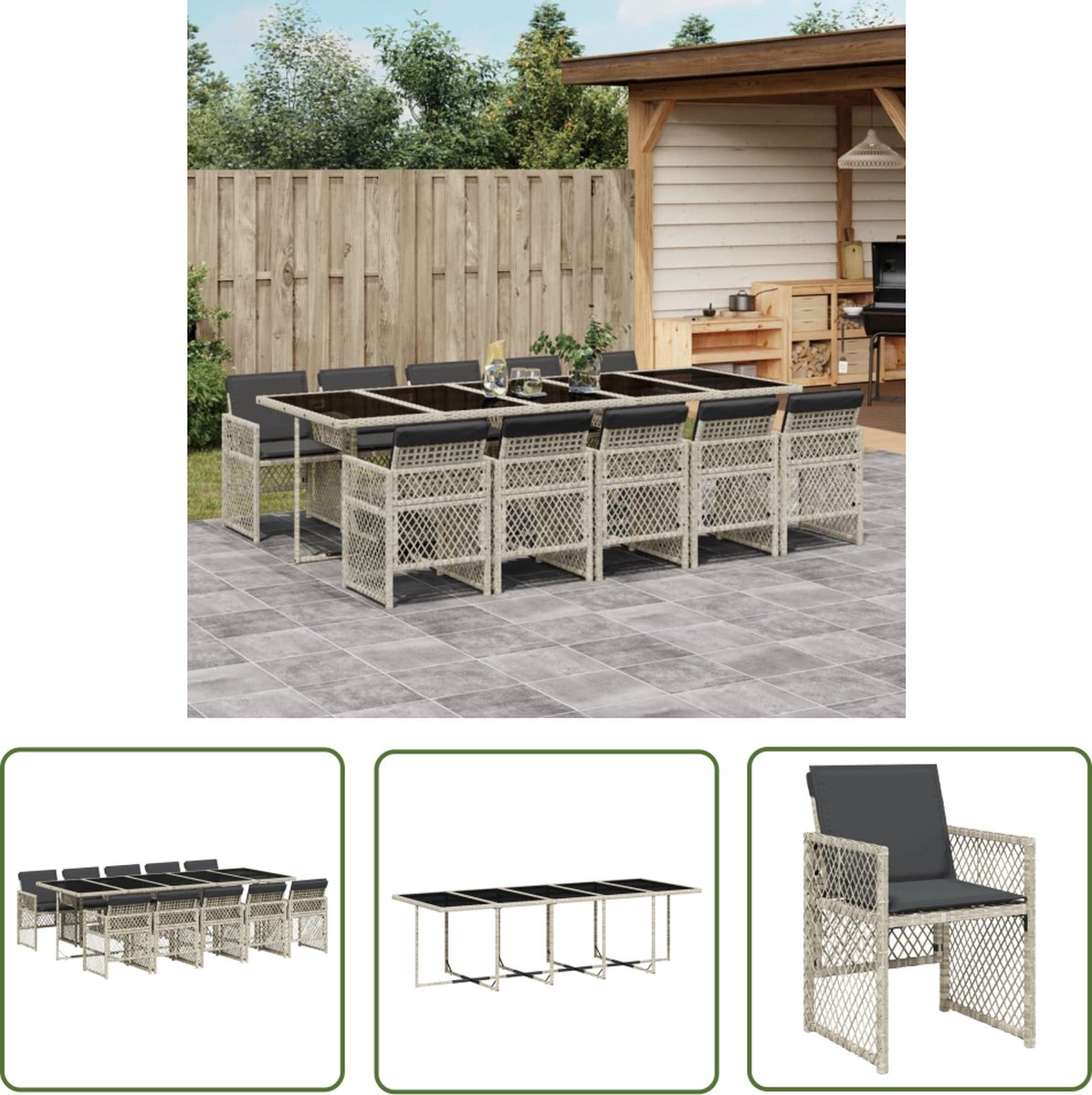 The Living Store 11-delige Tuinset met kussens poly rattan lichtgrijs - Tuinset - Buitendecoratie - Eetkamer Set - Lounge Set - Outdoor Furniture
