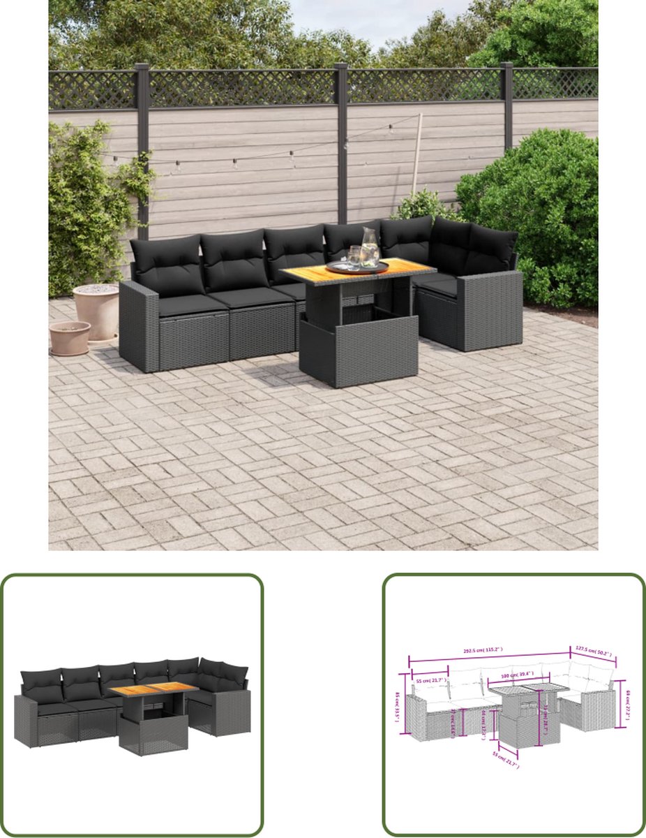 The Living Store 7-delige Loungeset met kussens poly rattan zwart - Loungeset - Tuinset - Lounge Set - PE-rattan - Outdoor Furniture