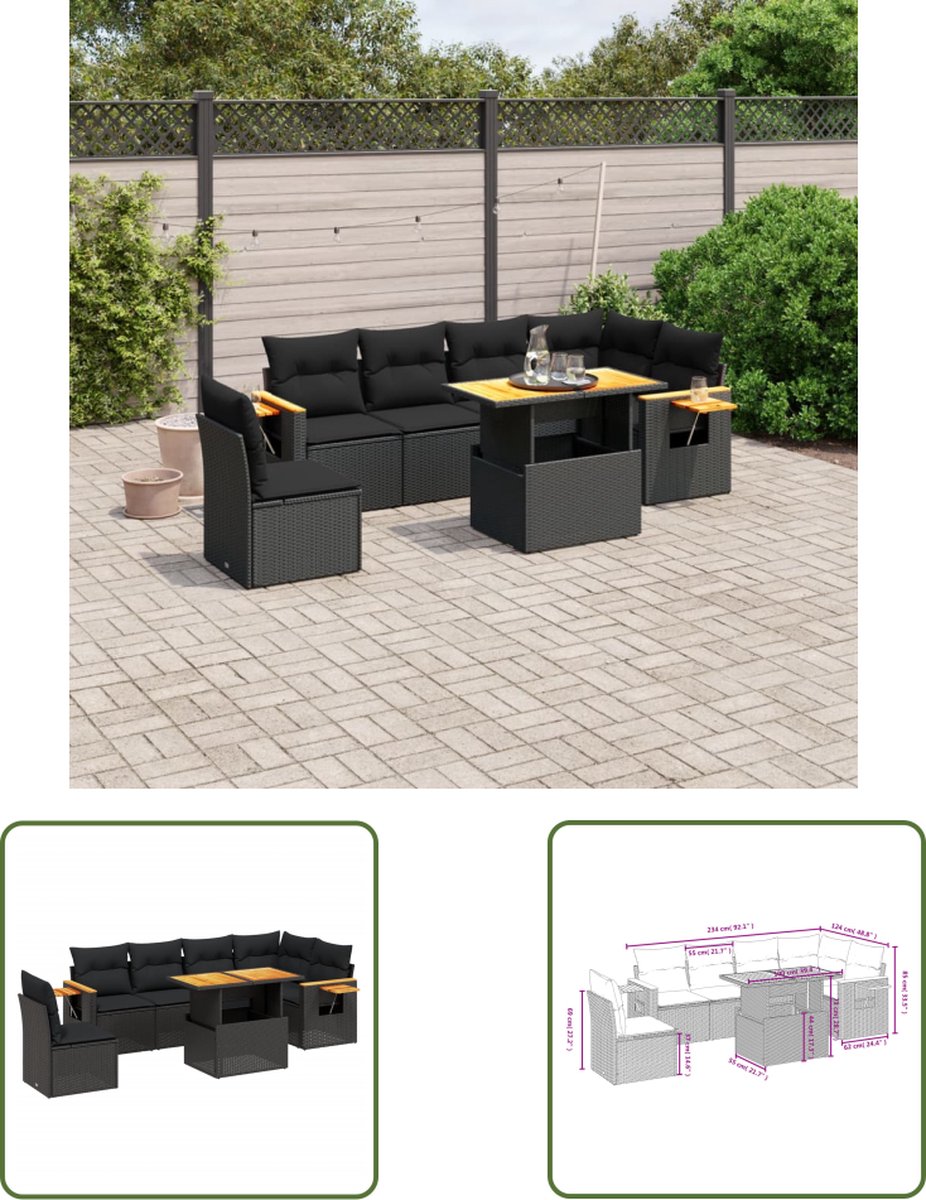 The Living Store 7-delige Loungeset met kussens poly rattan zwart - Loungeset - Tuinset - Lounge Set - Buitendecoratie - Outdoor Furniture