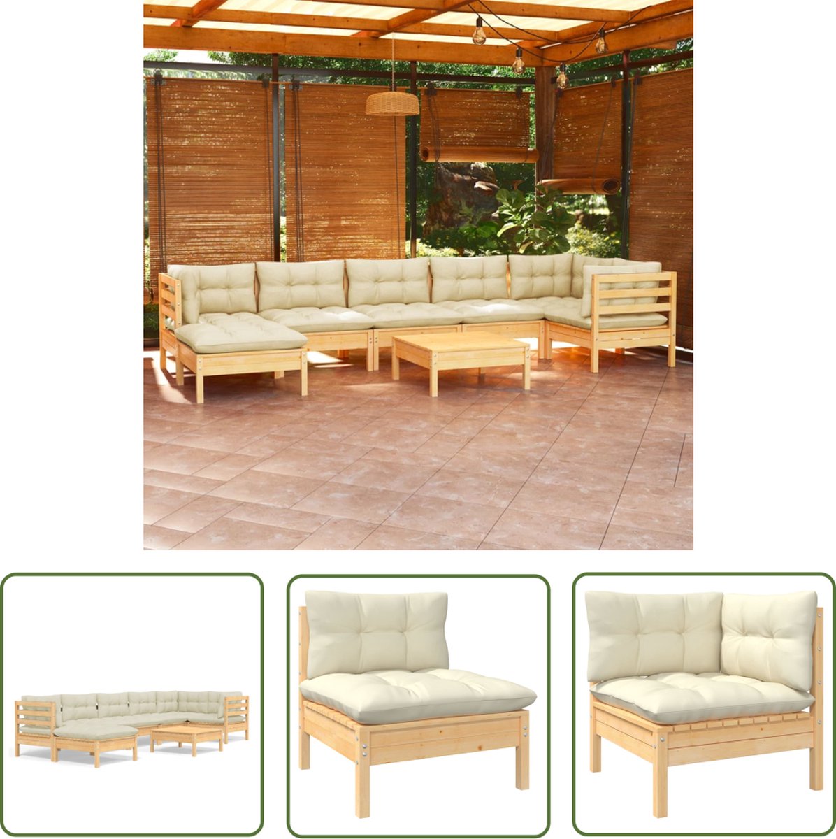 The Living Store 8-delige Loungeset met crèmekleurige kussens massief grenenhout - Tuinset - Lounge Set - Tuinmeubilair - Houten Bank - Buitendiner