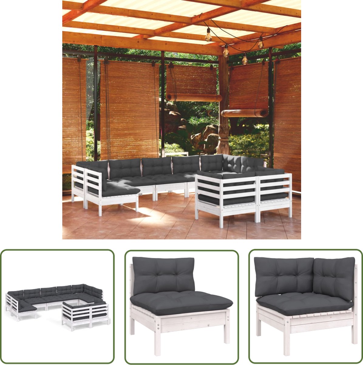 Witte houten loungeset met kussens voor tuin, 9-delige set.