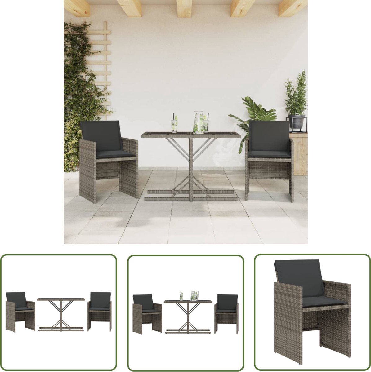 Grijze poly rattan bistroset met kussens voor buiten - Tuinmeubel - The Living Store.
